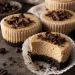 No-Bake Espresso Mini Cheesecakes with dark cookie crust and chocolate curls