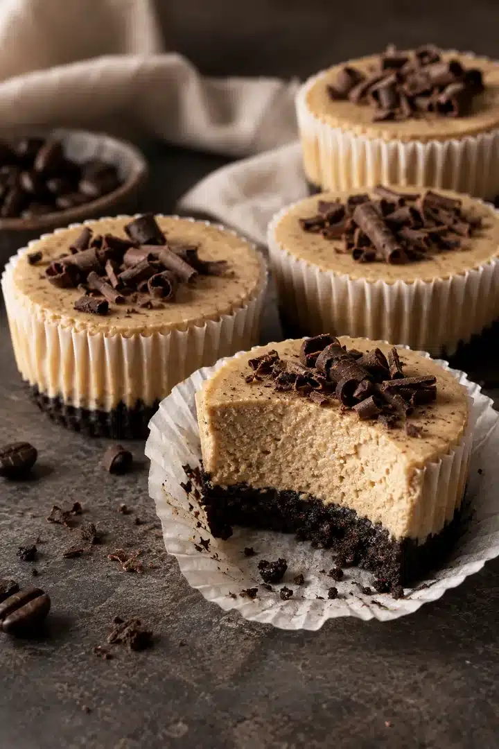No-Bake Espresso Mini Cheesecakes with dark cookie crust and chocolate curls