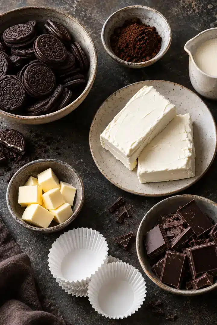 Ingredients for No-Bake Espresso Mini Cheesecakes on a kitchen counter