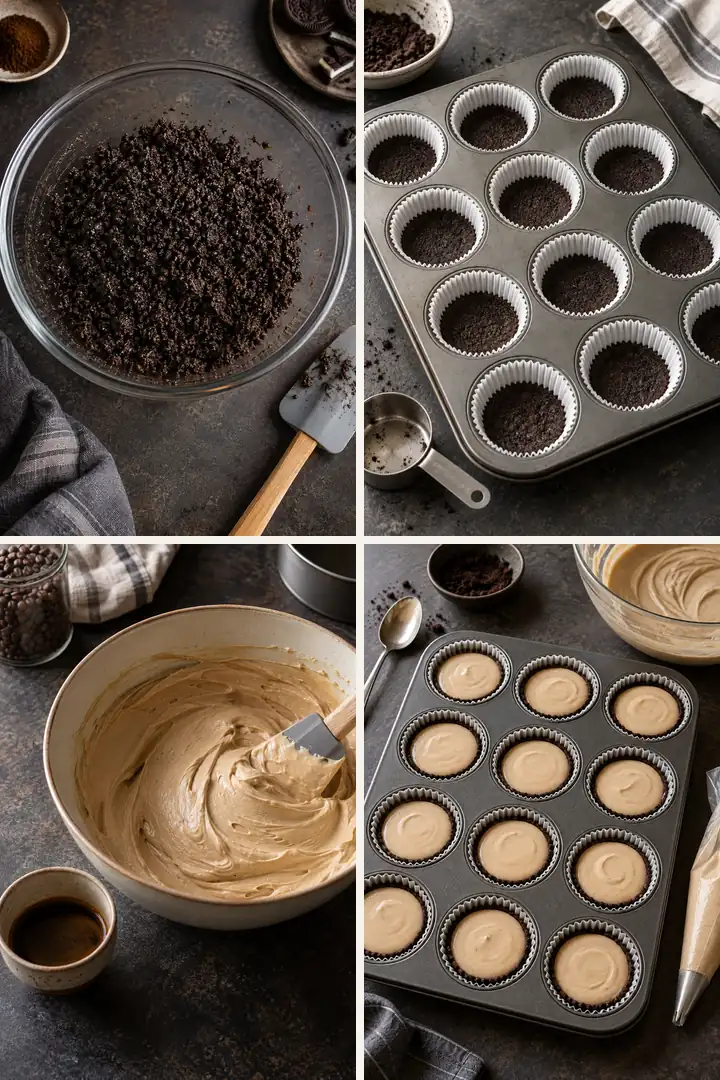 Four steps for making No-Bake Espresso Mini Cheesecakes in a muffin pan