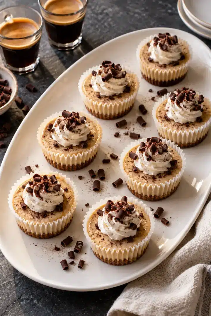 No-Bake Espresso Mini Cheesecakes on a serving platter with chocolate curls