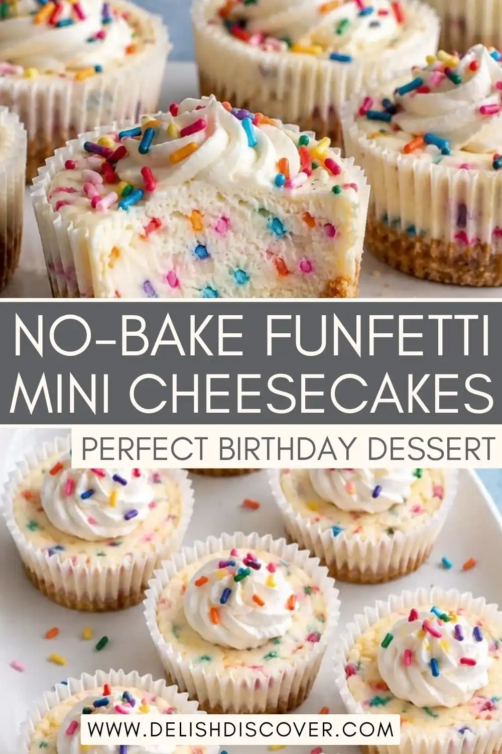 No-bake funfetti mini cheesecakes with whipped cream, rainbow sprinkles, creamy vanilla filling, and vanilla cookie crusts.