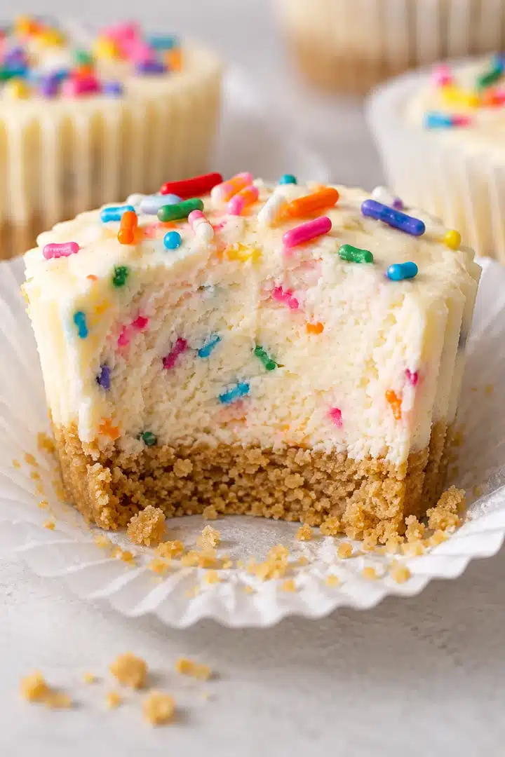 Cut No-Bake Funfetti Mini Cheesecakes with creamy filling and vanilla cookie crust