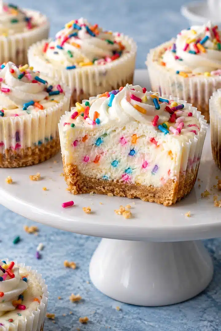 No-Bake Funfetti Mini Cheesecakes with vanilla cookie crust and rainbow jimmies