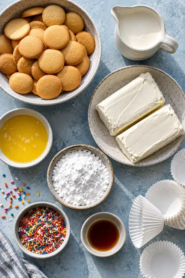 Ingredients for No-Bake Funfetti Mini Cheesecakes on a kitchen counter