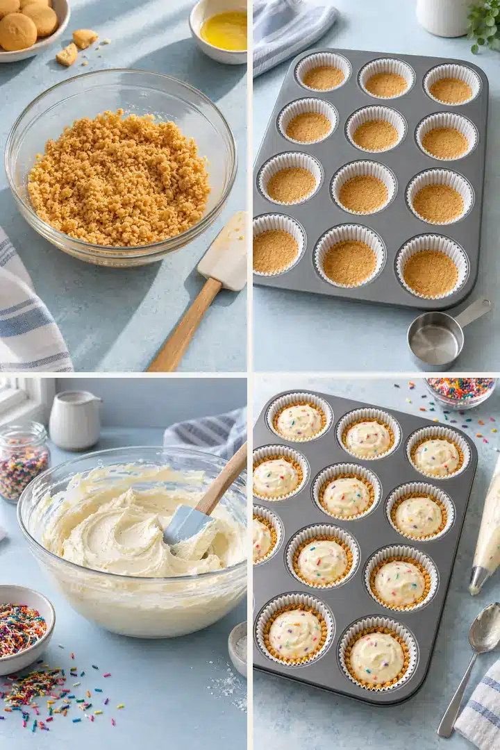 Four steps for making No-Bake Funfetti Mini Cheesecakes in a muffin pan