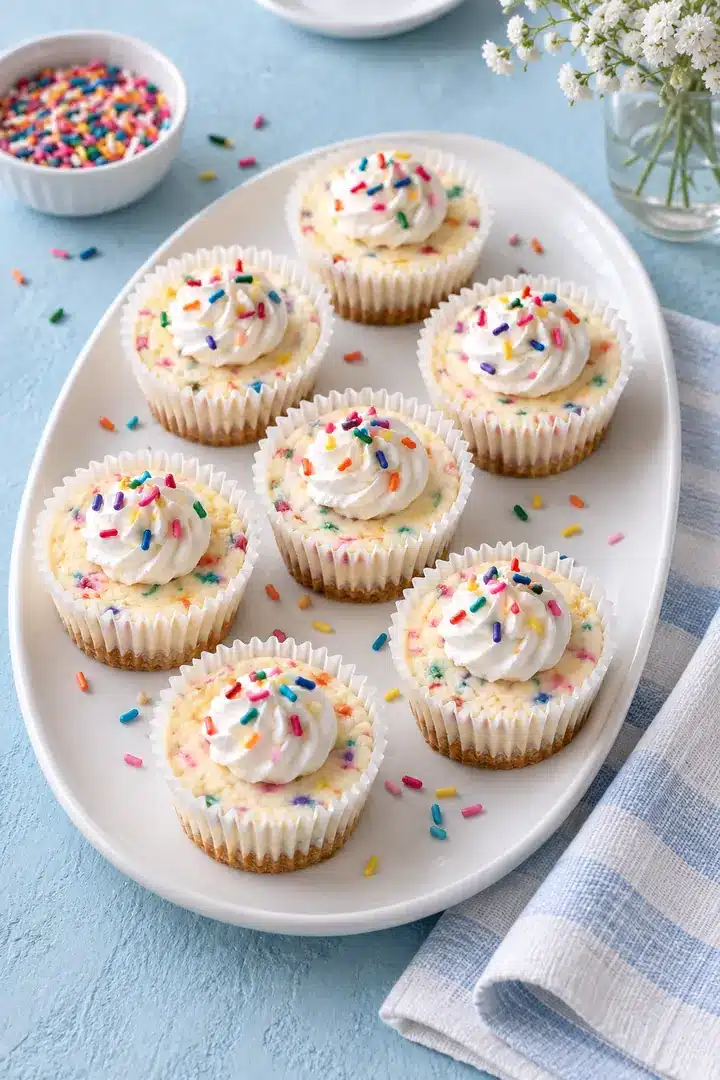 No-Bake Funfetti Mini Cheesecakes on a serving platter with rainbow jimmies