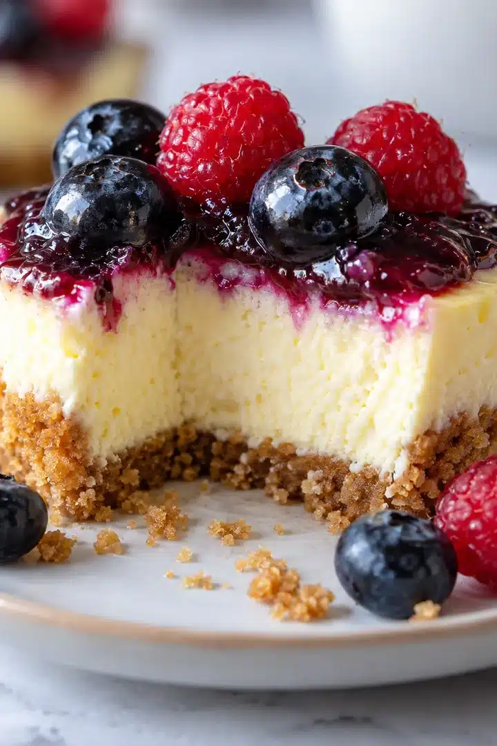 No-Bake Lemon Berry Mini Cheesecakes 5 No-Bake Lemon Berry Mini Cheesecakes cut open to show creamy lemon filling and graham crust