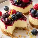 No-Bake Lemon Berry Mini Cheesecakes 4 No-Bake Lemon Berry Mini Cheesecakes with golden graham crusts and glossy blueberry raspberry topping