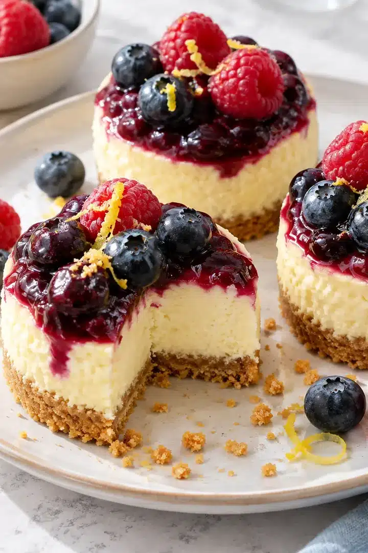 No-Bake Lemon Berry Mini Cheesecakes 1 No-Bake Lemon Berry Mini Cheesecakes with golden graham crusts and glossy blueberry raspberry topping