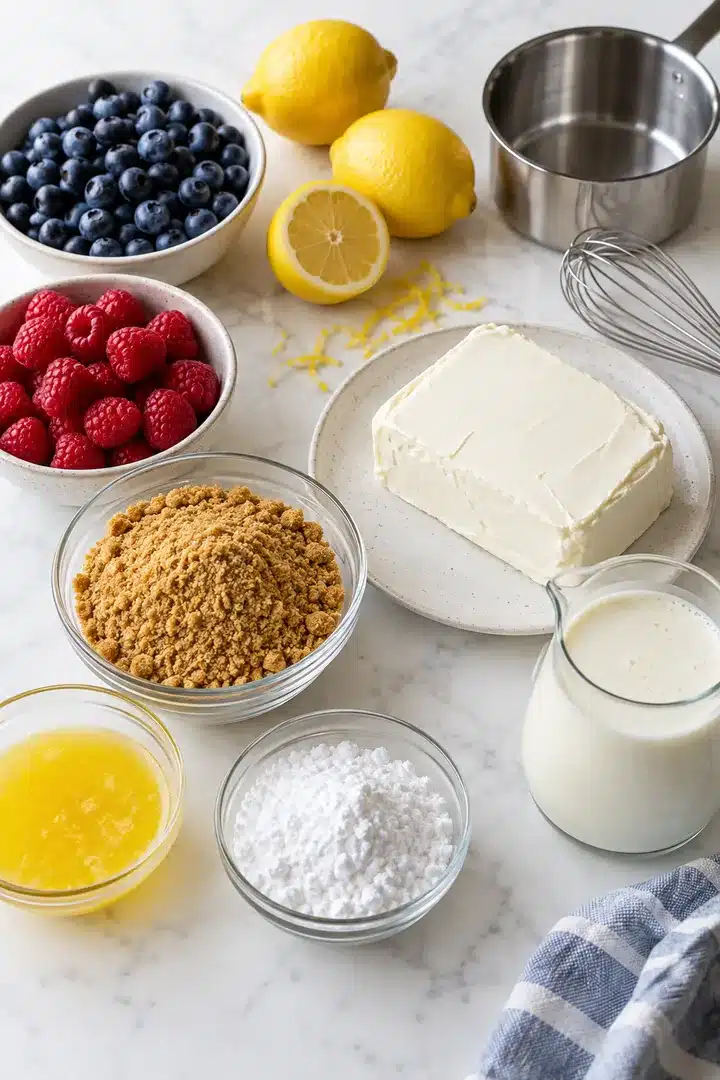 No-Bake Lemon Berry Mini Cheesecakes 3 Ingredients for No-Bake Lemon Berry Mini Cheesecakes on a bright kitchen counter