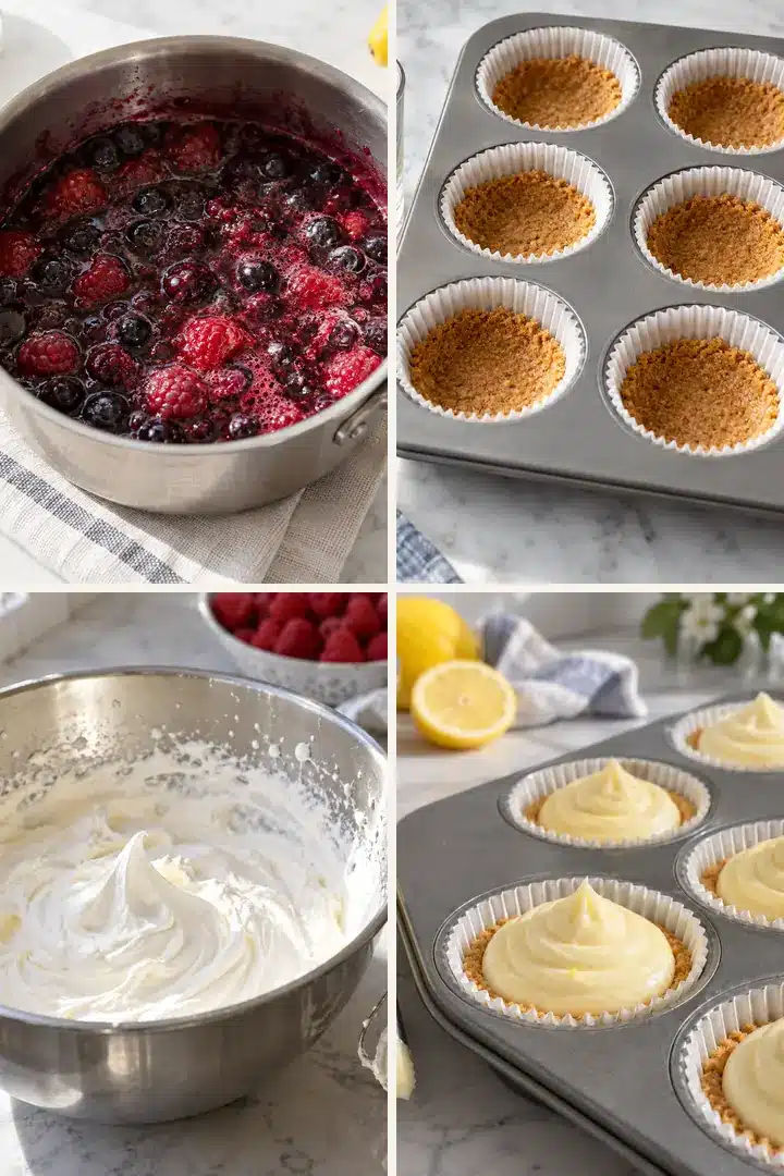 No-Bake Lemon Berry Mini Cheesecakes 4 Four steps for making No-Bake Lemon Berry Mini Cheesecakes