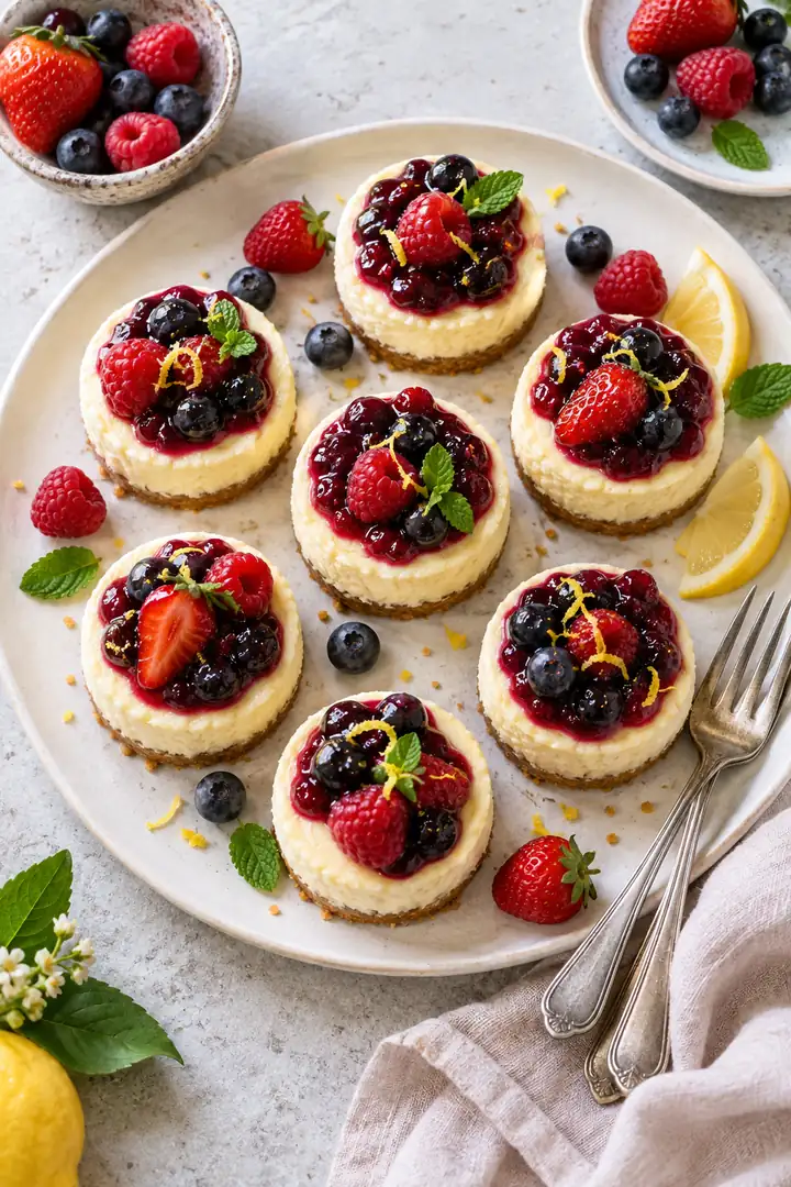 No-Bake Lemon Berry Mini Cheesecakes 6 No-Bake Lemon Berry Mini Cheesecakes arranged on a platter for serving