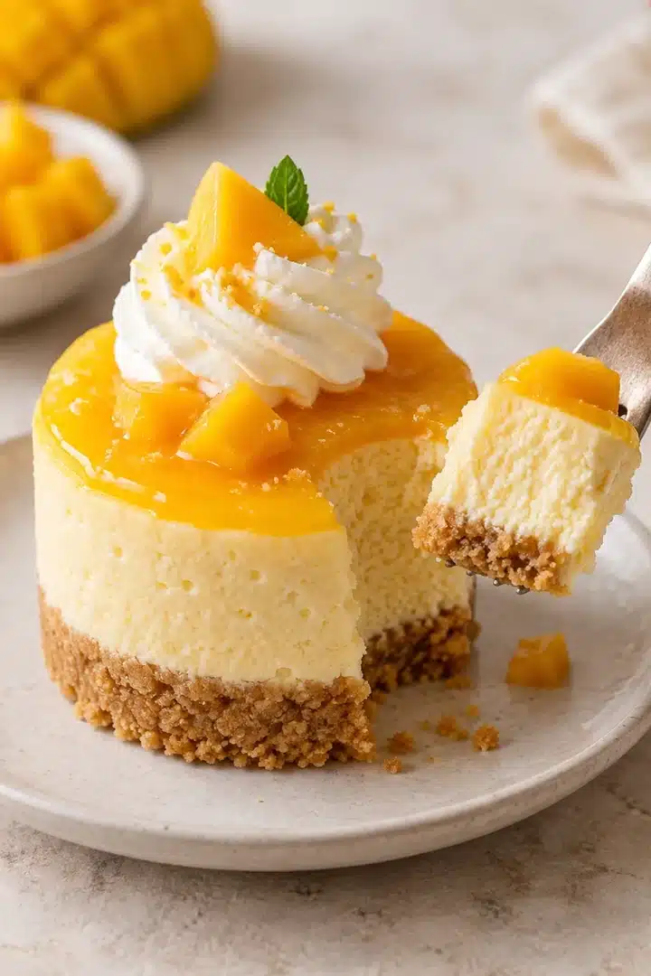 Close-up of a No-Bake Mango Mini Cheesecake showing creamy mango filling and vanilla wafer crumbs