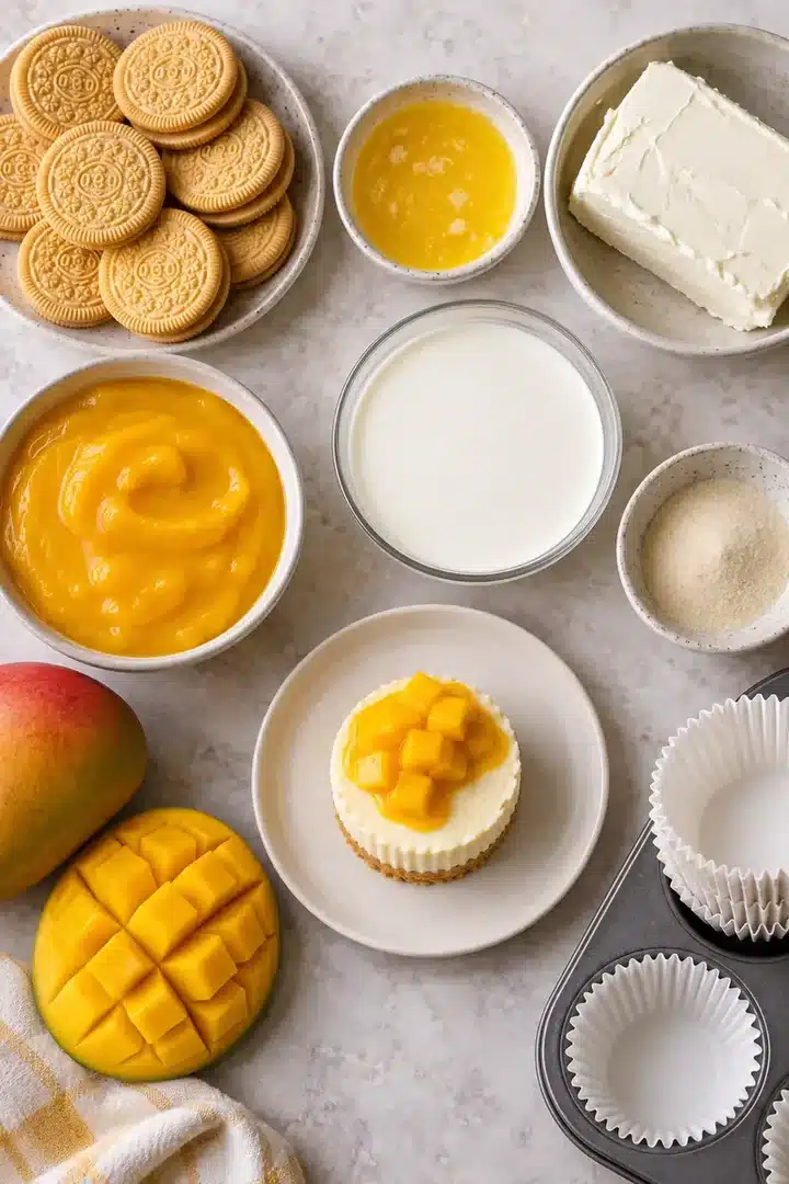 Ingredients for No-Bake Mango Mini Cheesecakes including vanilla wafers, butter, cream cheese, mango puree, cream, and fresh mango