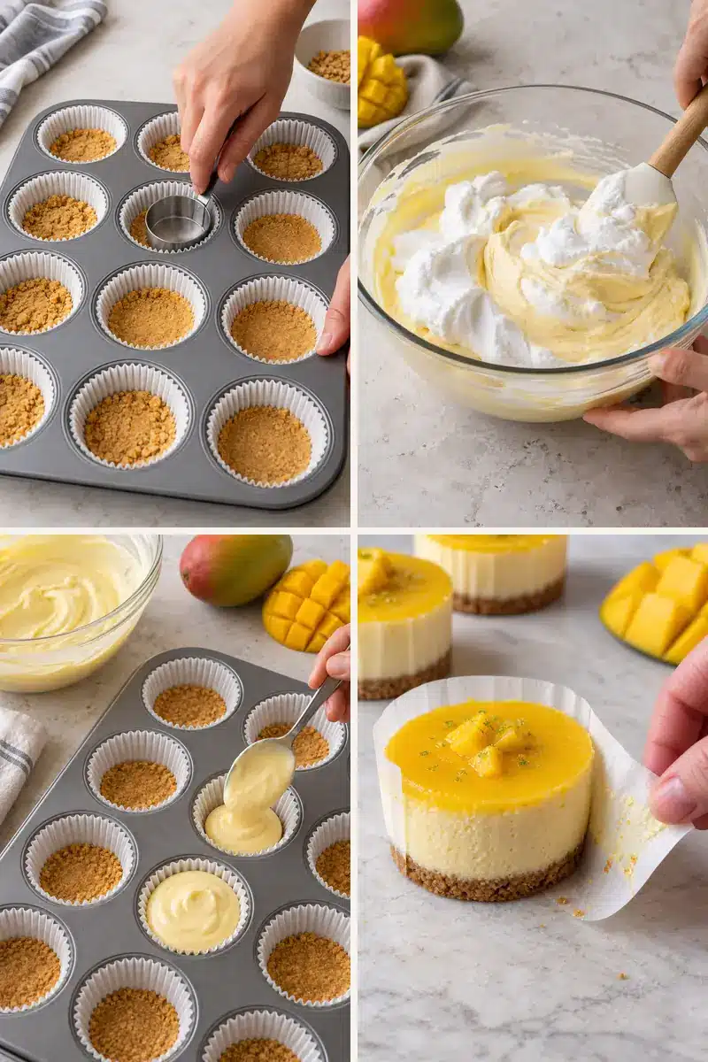 Four-stage preparation collage for No-Bake Mango Mini Cheesecakes showing crumbs, mango filling, filled cups, and mango topping