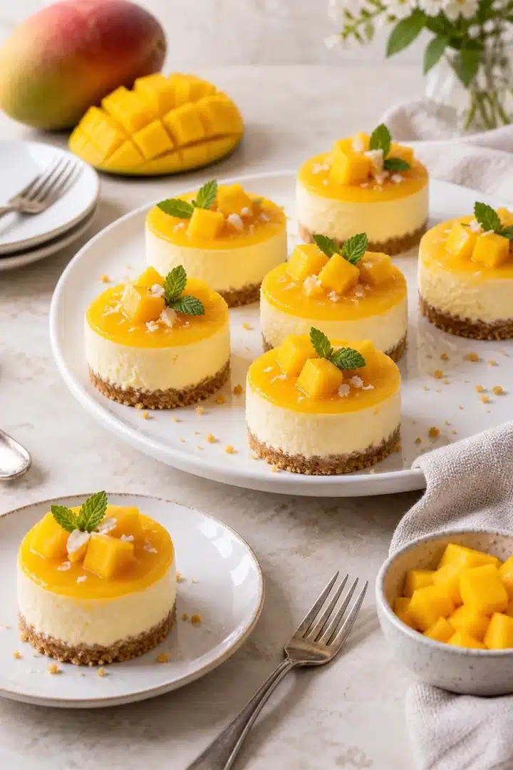No-Bake Mango Mini Cheesecakes served with small spoons, mango cubes, and a linen napkin