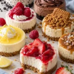 Assorted no-bake mini cheesecake recipes with fruit, chocolate, and cookie toppings