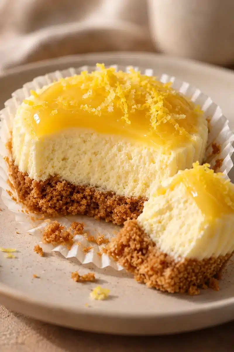 No Bake Mini Lemon Cheesecakes 5 No Bake Mini Lemon Cheesecakes shown in a round cut-open close-up with creamy filling and cookie crust