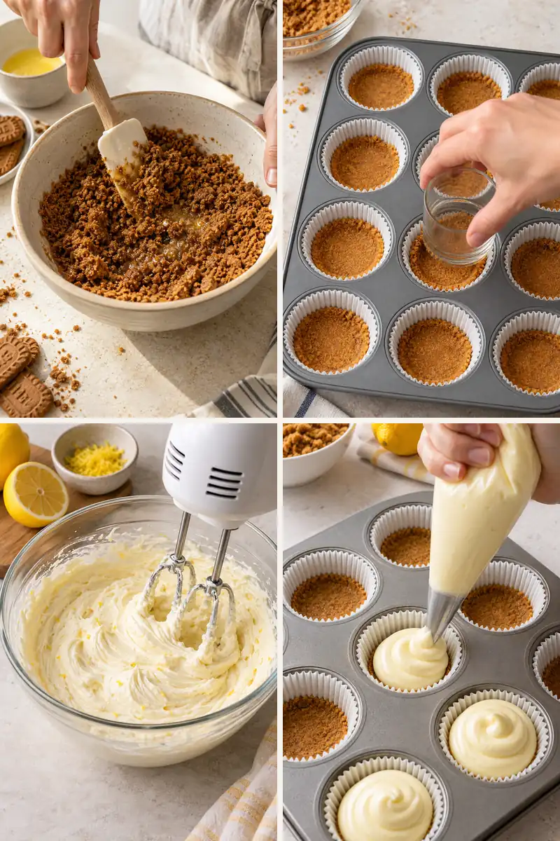 No Bake Mini Lemon Cheesecakes 4 Four steps for making No Bake Mini Lemon Cheesecakes in a muffin pan