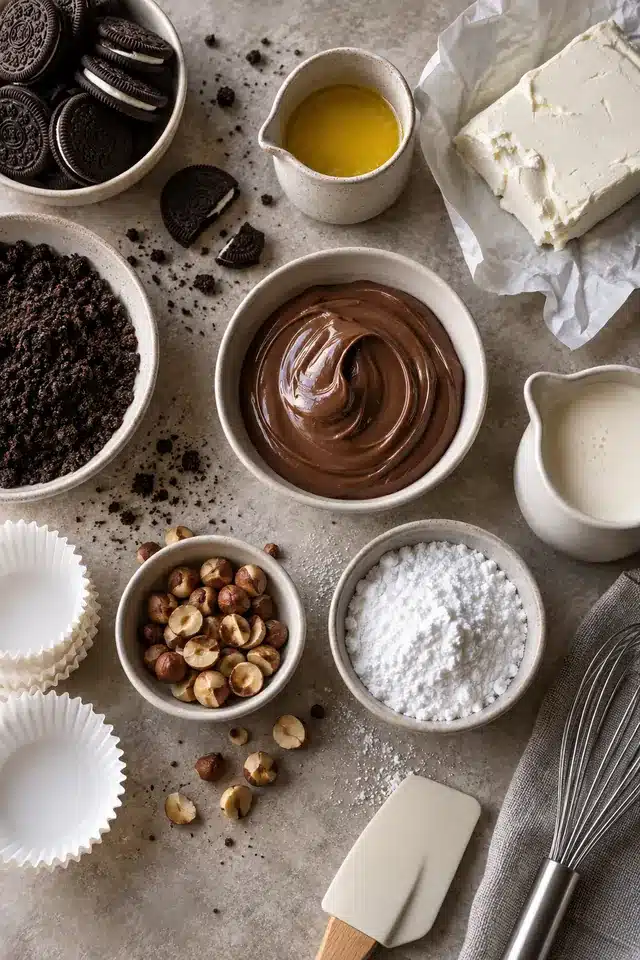 Ingredients for No-Bake Nutella Mini Cheesecakes arranged for preparation