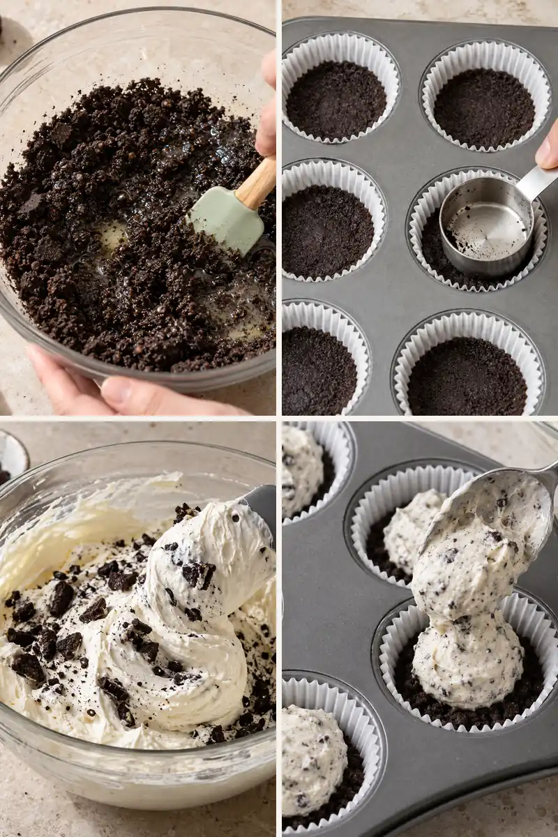No-Bake Oreo Mini Cheesecakes 4 Four steps for making No-Bake Oreo Mini Cheesecakes in a muffin pan