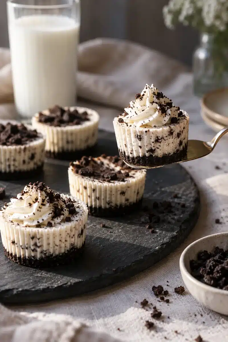 No-Bake Oreo Mini Cheesecakes 6 No-Bake Oreo Mini Cheesecakes served on a platter for dessert