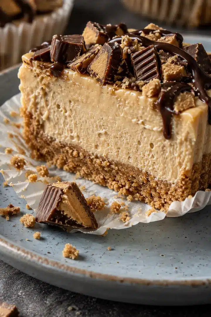 Cut No-Bake Peanut Butter Mini Cheesecakes showing firm peanut butter filling and graham cracker crust