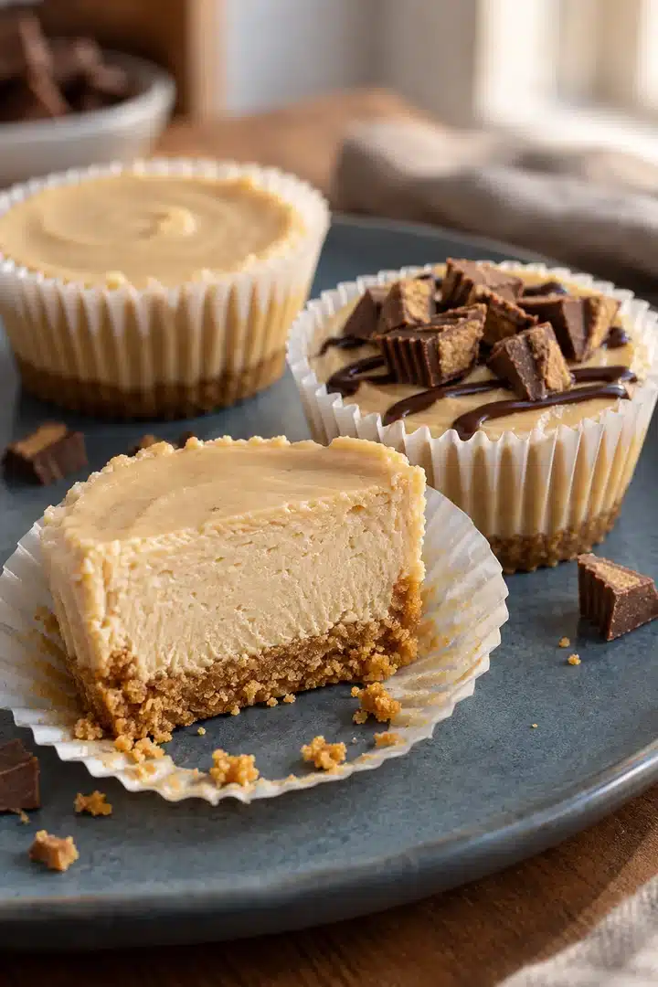 No-Bake Peanut Butter Mini Cheesecakes with graham cracker crust and chocolate drizzle