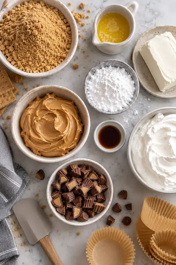 Ingredients for No-Bake Peanut Butter Mini Cheesecakes arranged for preparation
