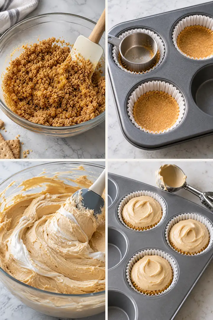 Four steps for making No-Bake Peanut Butter Mini Cheesecakes in a muffin tin
