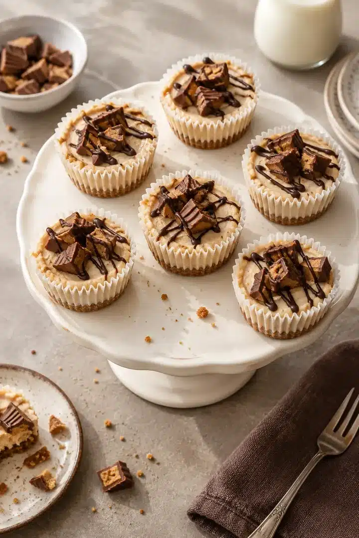 No-Bake Peanut Butter Mini Cheesecakes served on a cake stand with peanut butter cup topping