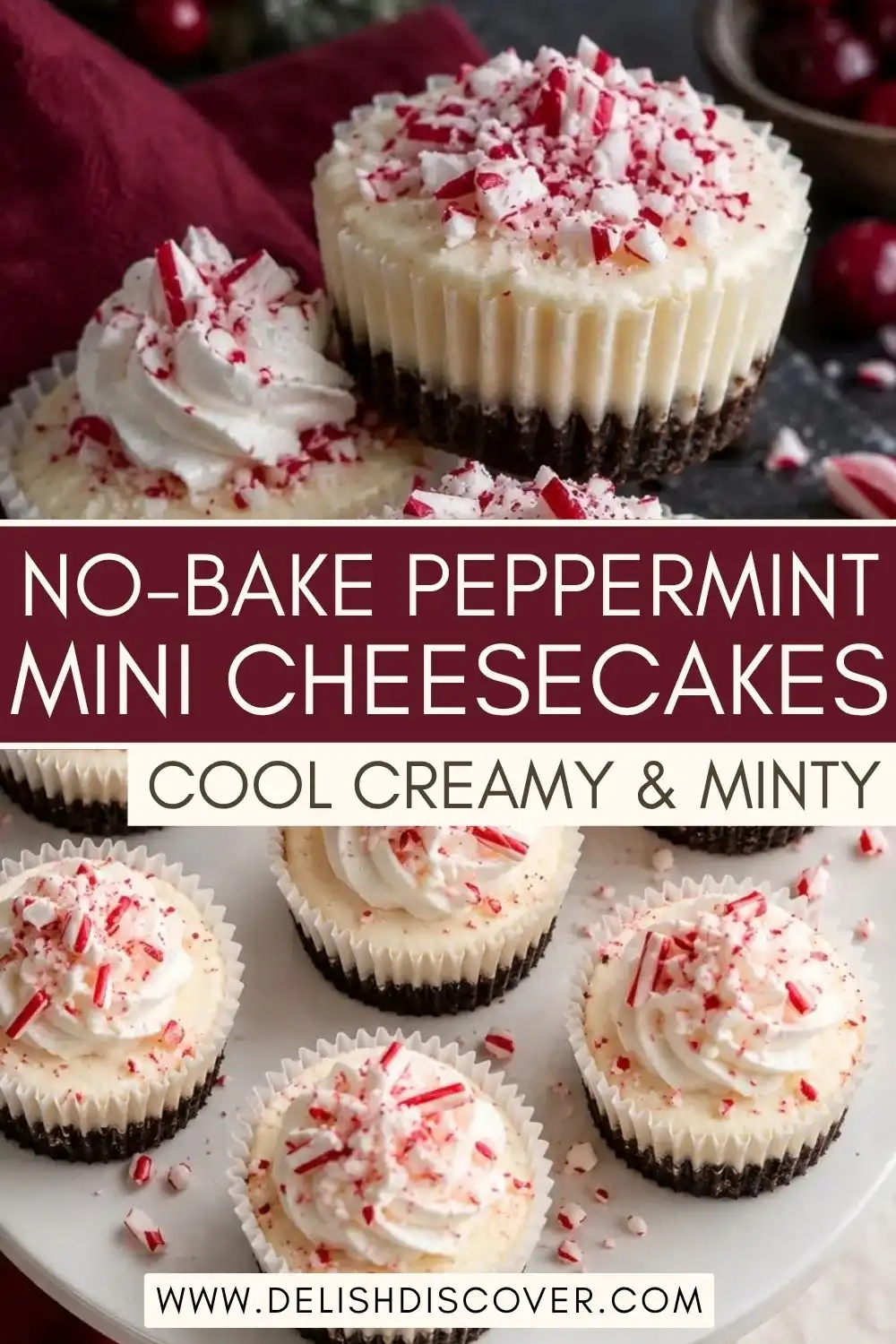 No-bake peppermint mini cheesecakes with creamy filling, chocolate cookie crusts, whipped topping, and crushed peppermint candy.