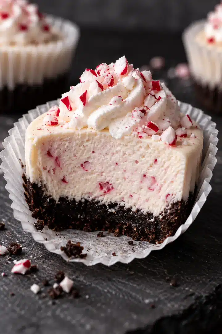 No-Bake Peppermint Mini Cheesecakes 5 Cut No-Bake Peppermint Mini Cheesecakes with creamy filling and chocolate cookie crust