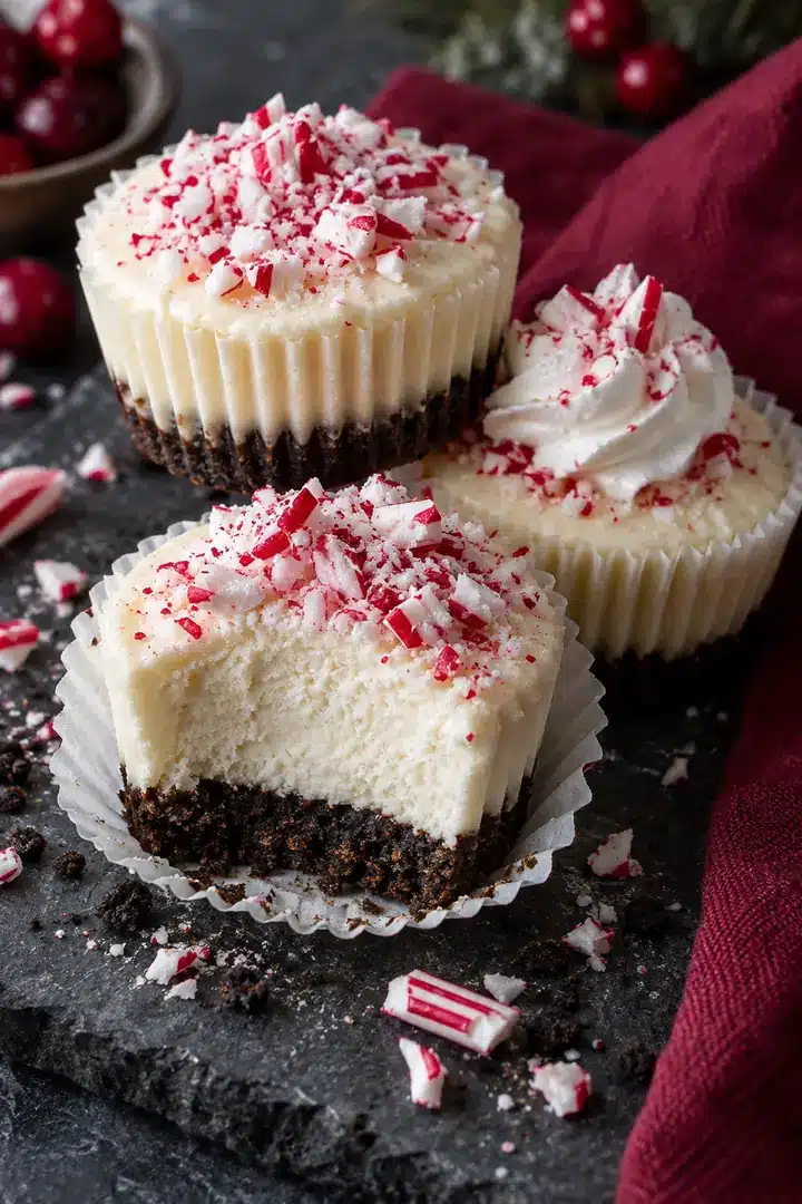 No-Bake Peppermint Mini Cheesecakes 1 No-Bake Peppermint Mini Cheesecakes with chocolate cookie crust and crushed peppermint
