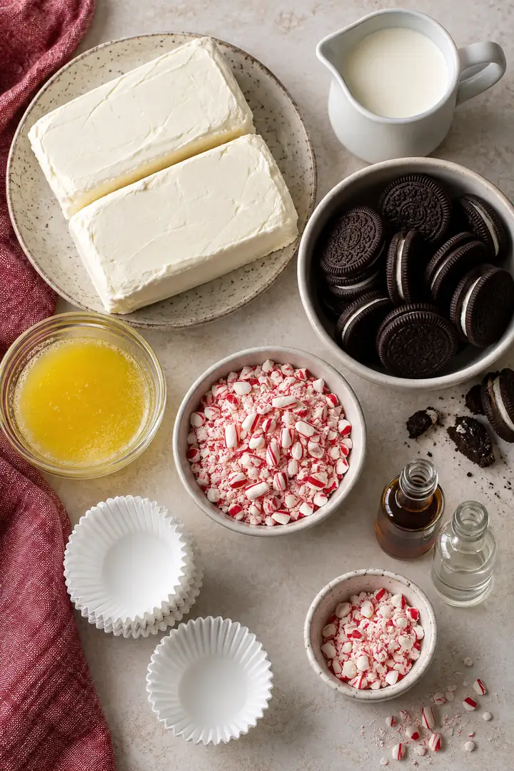 No-Bake Peppermint Mini Cheesecakes 3 Ingredients for No-Bake Peppermint Mini Cheesecakes on a kitchen counter