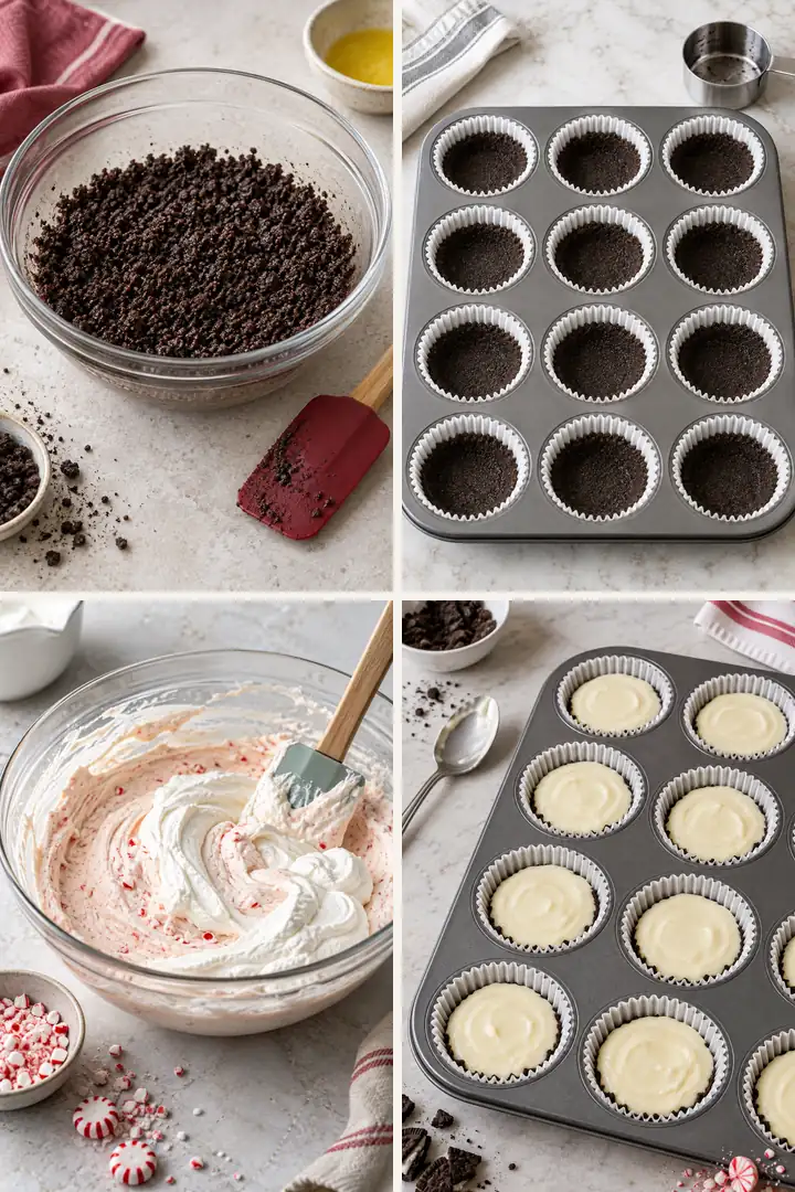 No-Bake Peppermint Mini Cheesecakes 4 Four steps for making No-Bake Peppermint Mini Cheesecakes in a muffin pan