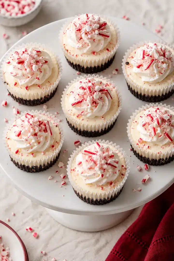 No-Bake Peppermint Mini Cheesecakes 6 No-Bake Peppermint Mini Cheesecakes on a serving plate with crushed peppermint
