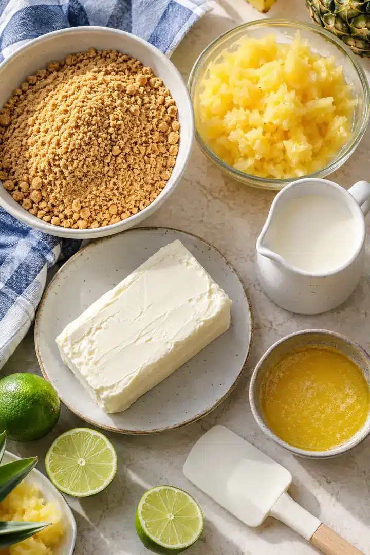 No-Bake Pineapple Mini Cheesecakes 3 Ingredients for No-Bake Pineapple Mini Cheesecakes on a kitchen counter