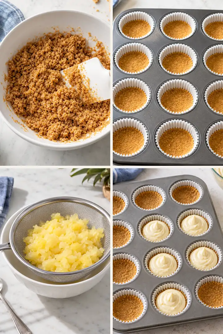 No-Bake Pineapple Mini Cheesecakes 4 Four steps for making No-Bake Pineapple Mini Cheesecakes in a muffin pan