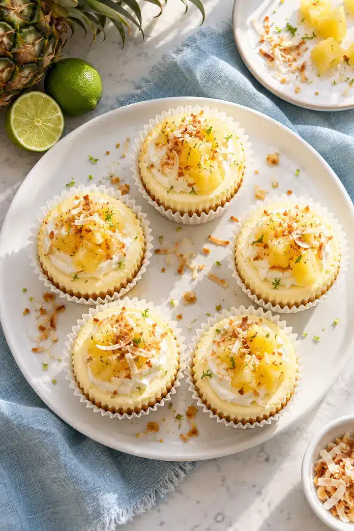 No-Bake Pineapple Mini Cheesecakes 6 No-Bake Pineapple Mini Cheesecakes on a serving plate with lime zest