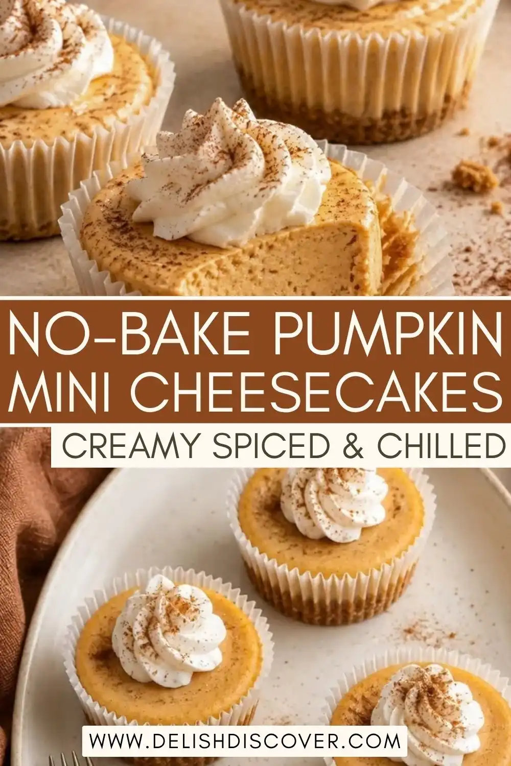 No-bake pumpkin mini cheesecakes with creamy pumpkin filling, whipped cream topping, and a crumb crust.