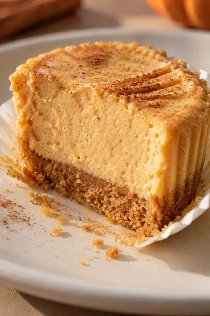 No-Bake Pumpkin Mini Cheesecakes 5 Close-up No-Bake Pumpkin Mini Cheesecakes showing creamy pumpkin filling and graham cracker crust
