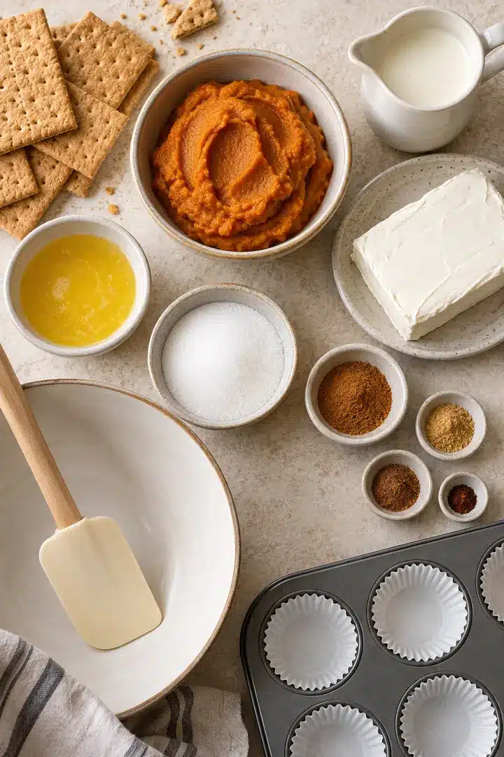 No-Bake Pumpkin Mini Cheesecakes 3 Ingredients for No-Bake Pumpkin Mini Cheesecakes including graham crackers pumpkin puree cream cheese and spices