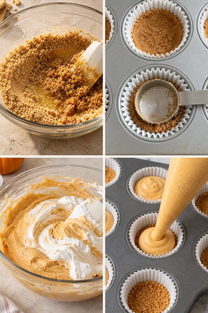 No-Bake Pumpkin Mini Cheesecakes 4 Four steps for making No-Bake Pumpkin Mini Cheesecakes in a muffin pan