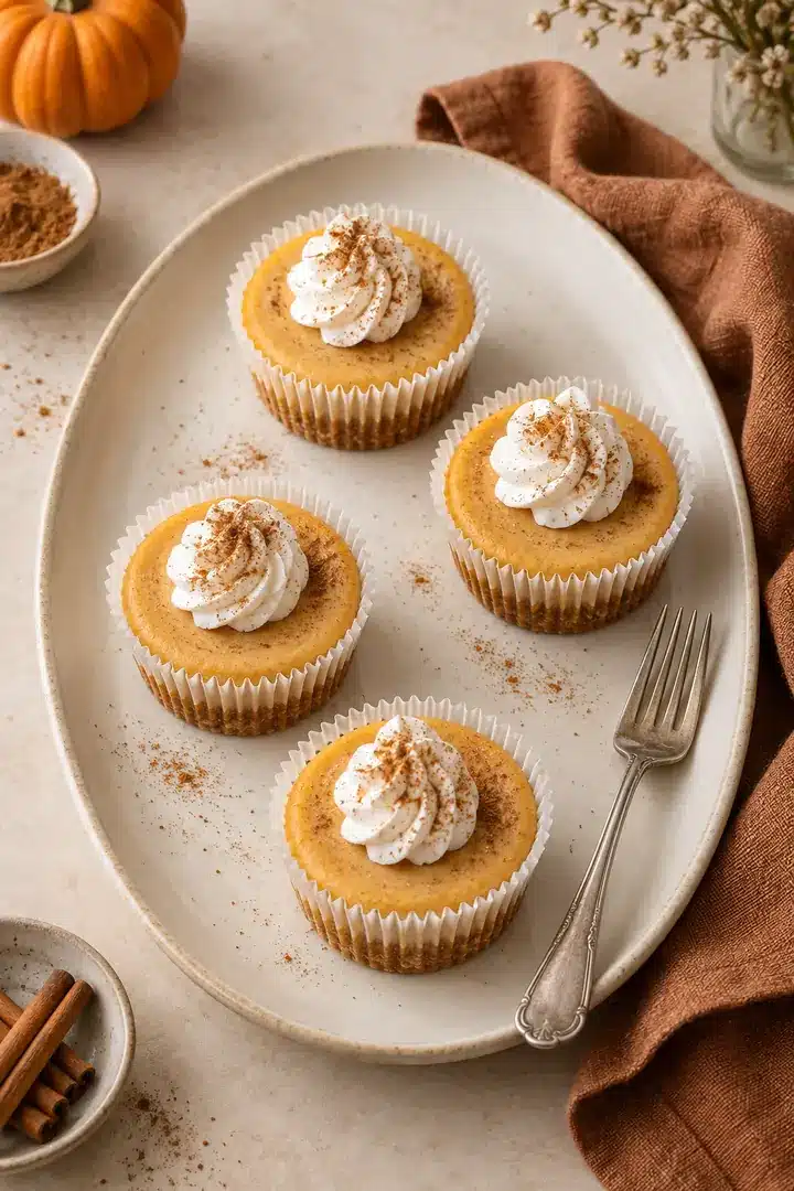 No-Bake Pumpkin Mini Cheesecakes 6 No-Bake Pumpkin Mini Cheesecakes served on a platter for dessert