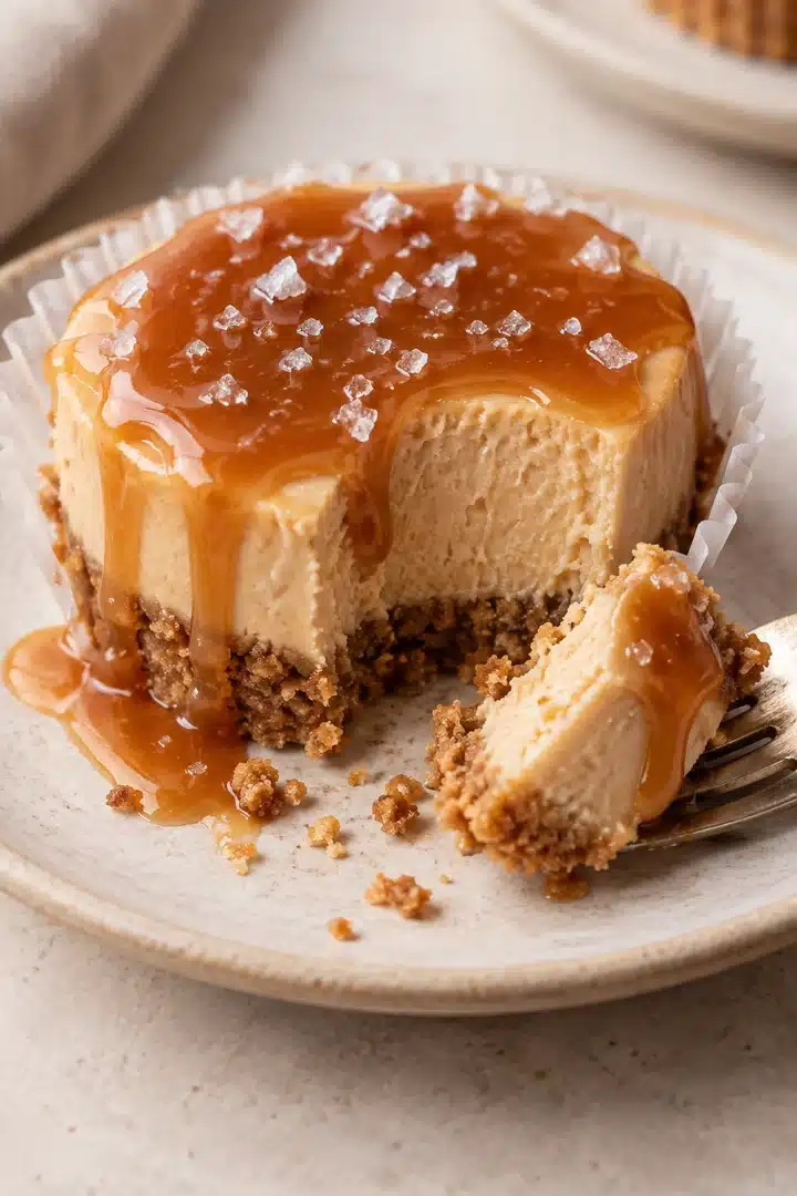 No-Bake Salted Caramel Mini Cheesecakes 5 Cut No-Bake Salted Caramel Mini Cheesecakes with creamy filling and pretzel crust