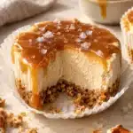 No-Bake Salted Caramel Mini Cheesecakes with pretzel crust and caramel drizzle