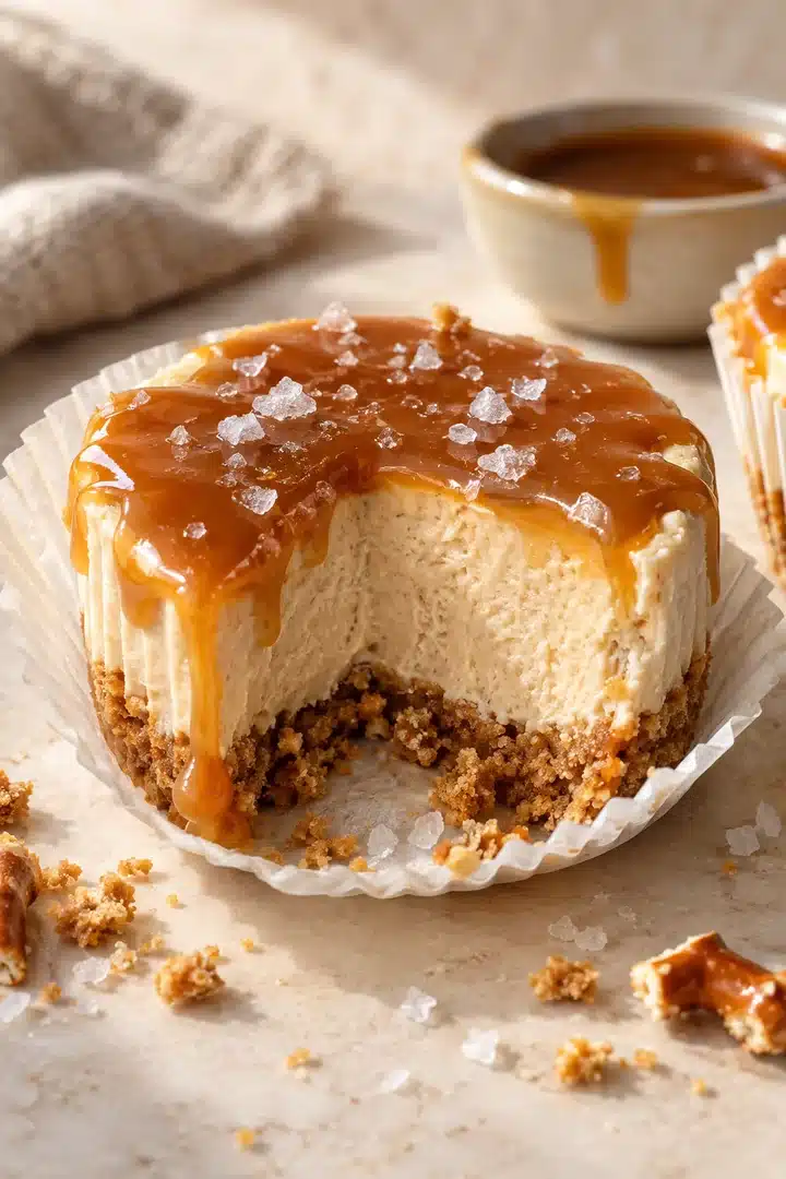 No-Bake Salted Caramel Mini Cheesecakes 1 No-Bake Salted Caramel Mini Cheesecakes with pretzel crust and caramel drizzle