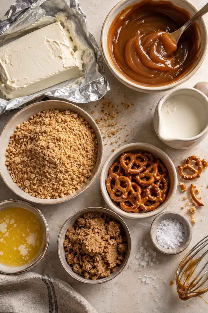 No-Bake Salted Caramel Mini Cheesecakes 3 Ingredients for No-Bake Salted Caramel Mini Cheesecakes on a kitchen counter